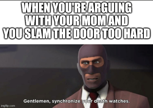 gentlemen, synchronize your death watches | WHEN YOU'RE ARGUING WITH YOUR MOM AND YOU SLAM THE DOOR TOO HARD | image tagged in gentlemen synchronize your death watches | made w/ Imgflip meme maker