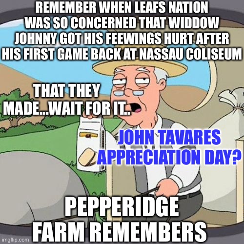 Pepperidge Farm Remembers |  REMEMBER WHEN LEAFS NATION WAS SO CONCERNED THAT WIDDOW JOHNNY GOT HIS FEEWINGS HURT AFTER HIS FIRST GAME BACK AT NASSAU COLISEUM; THAT THEY MADE…WAIT FOR IT.. JOHN TAVARES APPRECIATION DAY? PEPPERIDGE FARM REMEMBERS | image tagged in memes,pepperidge farm remembers,toronto maple leafs,john tavares,snowflake,1967 | made w/ Imgflip meme maker