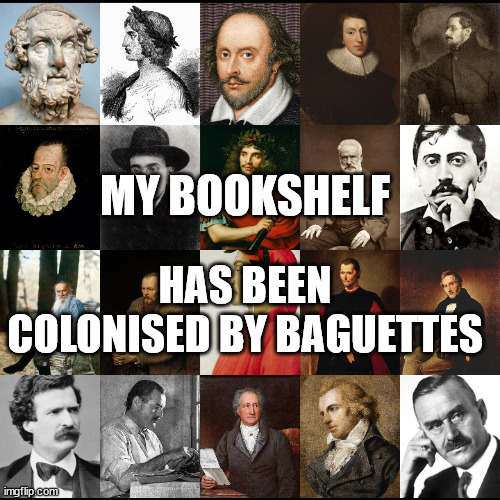 My bookshelf has been colonised by baguettes |  MY BOOKSHELF; HAS BEEN COLONISED BY BAGUETTES | image tagged in philosophy,white people,colonialism | made w/ Imgflip meme maker