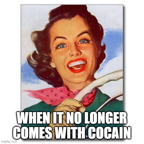Vintage '50s woman driver | WHEN IT NO LONGER COMES WITH COCAIN | image tagged in vintage '50s woman driver | made w/ Imgflip meme maker