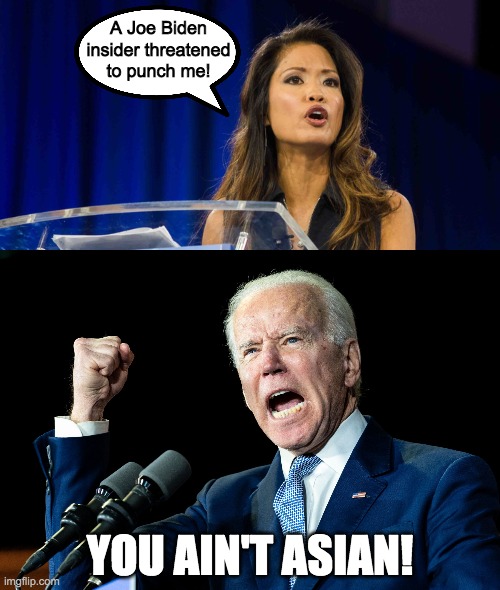 "Come on, man! Michelle Malkin ain't asian!" | A Joe Biden insider threatened to punch me! YOU AIN'T ASIAN! | made w/ Imgflip meme maker