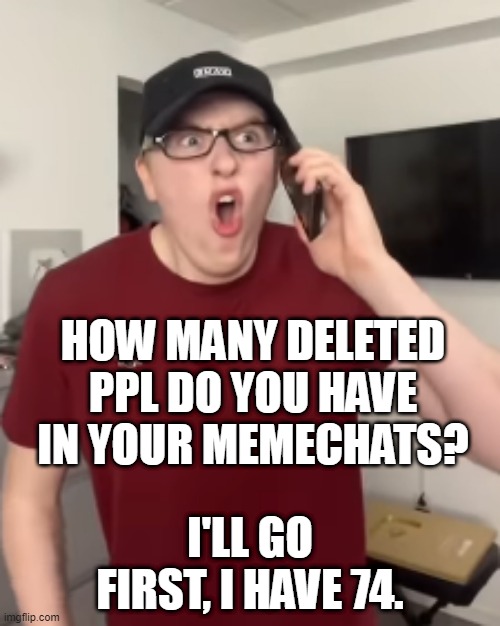 The Luke Davidson Surprised Face | HOW MANY DELETED PPL DO YOU HAVE IN YOUR MEMECHATS? I'LL GO FIRST, I HAVE 74. | image tagged in the luke davidson surprised face | made w/ Imgflip meme maker
