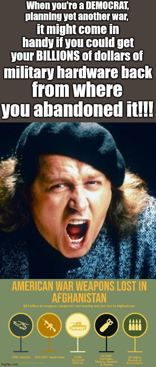 A war is NOT going to elevate Biden's plummeting approval rating. | When you're a DEMOCRAT, planning yet another war, it might come in handy if you could get your BILLIONS of dollars of; military hardware back; from where you abandoned it!!! | image tagged in sam kinison,abandoned military hardware,bidens idiotic war,wwiii | made w/ Imgflip meme maker