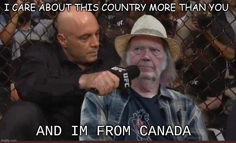 joe rogan |  I CARE ABOUT THIS COUNTRY MORE THAN YOU; AND IM FROM CANADA | image tagged in neil young | made w/ Imgflip meme maker