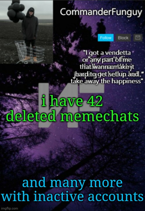 Lol let's make this a trend | i have 42 deleted memechats; and many more with inactive accounts | image tagged in commanderfunguy nf template thx yachi | made w/ Imgflip meme maker
