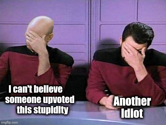 double palm | I can't believe
someone upvoted
       this stupidity Another      
Idiot | image tagged in double palm | made w/ Imgflip meme maker