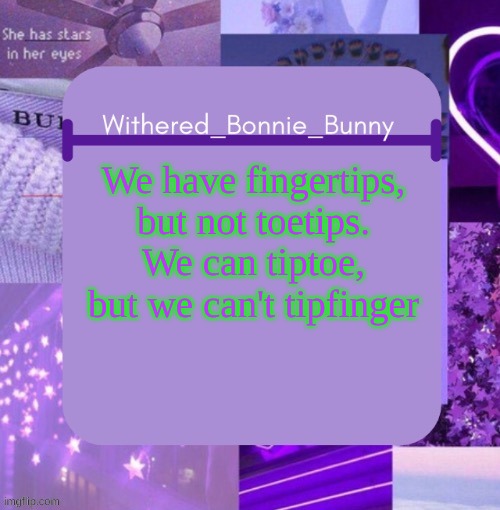 something my brother came up with | We have fingertips, but not toetips. We can tiptoe, but we can't tipfinger | image tagged in withered_bonnie_bunny's purp temp thx suga | made w/ Imgflip meme maker