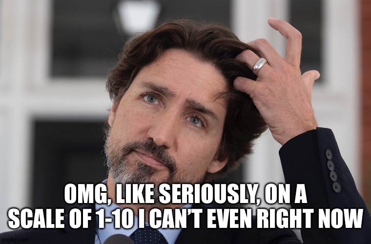 Justin Trudeau | OMG, LIKE SERIOUSLY, ON A SCALE OF 1-10 I CAN’T EVEN RIGHT NOW | image tagged in justin trudeau | made w/ Imgflip meme maker