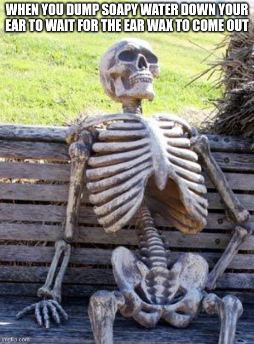 i was watching doctor mike | WHEN YOU DUMP SOAPY WATER DOWN YOUR EAR TO WAIT FOR THE EAR WAX TO COME OUT | image tagged in memes,waiting skeleton | made w/ Imgflip meme maker