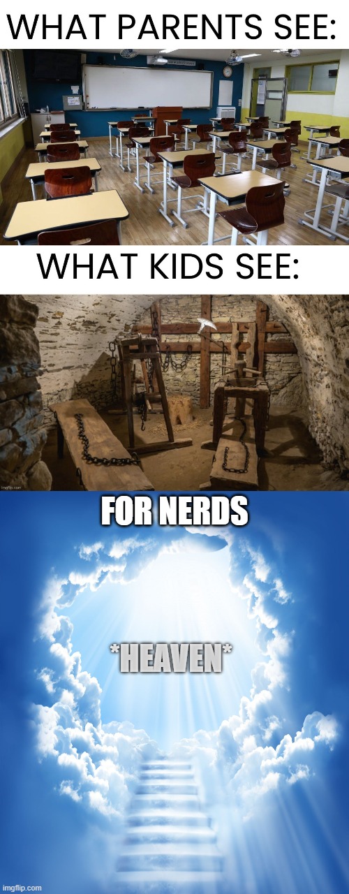 REALITY OF SCHOOLS!! |  FOR NERDS; *HEAVEN* | image tagged in heaven,truth,funny memes,school | made w/ Imgflip meme maker