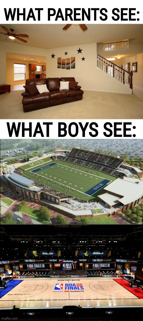 How many kids have been a straight up bill to their parents? |  WHAT PARENTS SEE:; WHAT BOYS SEE: | image tagged in plain white,football,basketball,parents,boys,living room ceiling fans | made w/ Imgflip meme maker