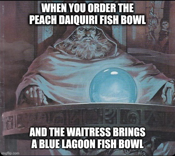 Fishbowl | WHEN YOU ORDER THE PEACH DAIQUIRI FISH BOWL; AND THE WAITRESS BRINGS A BLUE LAGOON FISH BOWL | image tagged in pondering my orb | made w/ Imgflip meme maker