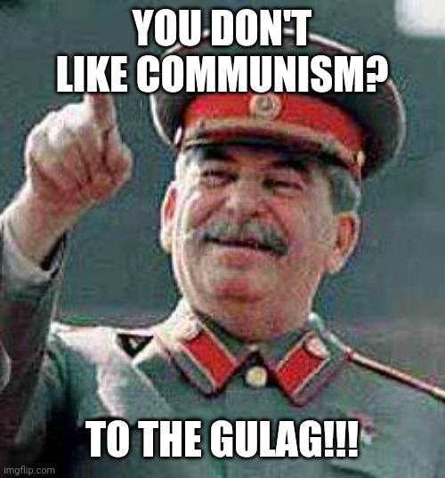 Stalin says | YOU DON'T LIKE COMMUNISM? TO THE GULAG!!! | image tagged in stalin says | made w/ Imgflip meme maker
