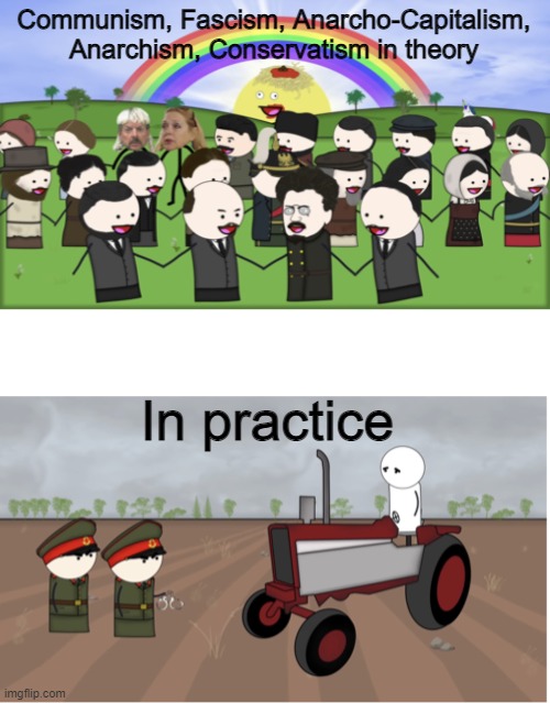 OverSimplified Communist utopia vs. Communist poverty | Communism, Fascism, Anarcho-Capitalism, Anarchism, Conservatism in theory; In practice | image tagged in oversimplified communist utopia vs communist poverty | made w/ Imgflip meme maker