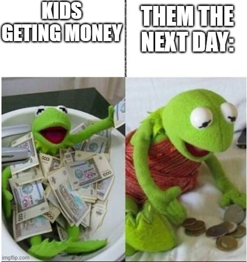 kermit before and after money | KIDS GETING MONEY; THEM THE NEXT DAY: | image tagged in kermit before and after money,spending,kids | made w/ Imgflip meme maker