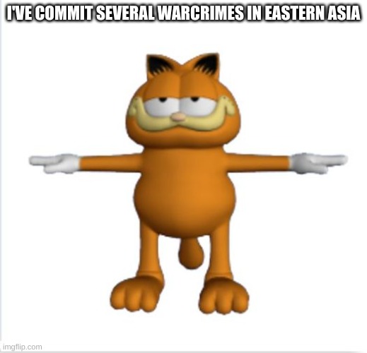 garfield t-pose | I'VE COMMIT SEVERAL WARCRIMES IN EASTERN ASIA | image tagged in garfield t-pose | made w/ Imgflip meme maker