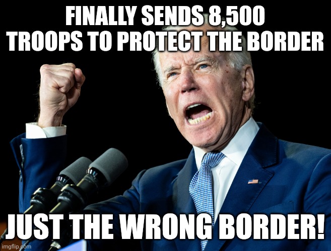 Wrong Border, Joe. | FINALLY SENDS 8,500 TROOPS TO PROTECT THE BORDER; JUST THE WRONG BORDER! | image tagged in joe biden's fist | made w/ Imgflip meme maker