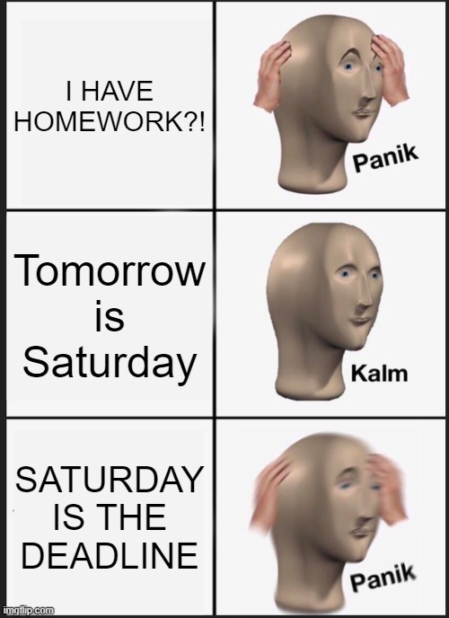 When you forgot about the Deadline: | I HAVE HOMEWORK?! Tomorrow is Saturday; SATURDAY IS THE DEADLINE | image tagged in memes,panik kalm panik,homework | made w/ Imgflip meme maker