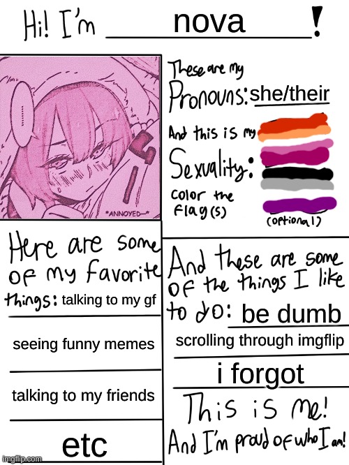 i dont have a oc | nova; she/their; talking to my gf; be dumb; seeing funny memes; scrolling through imgflip; i forgot; talking to my friends; etc | image tagged in lgbtq stream account profile | made w/ Imgflip meme maker