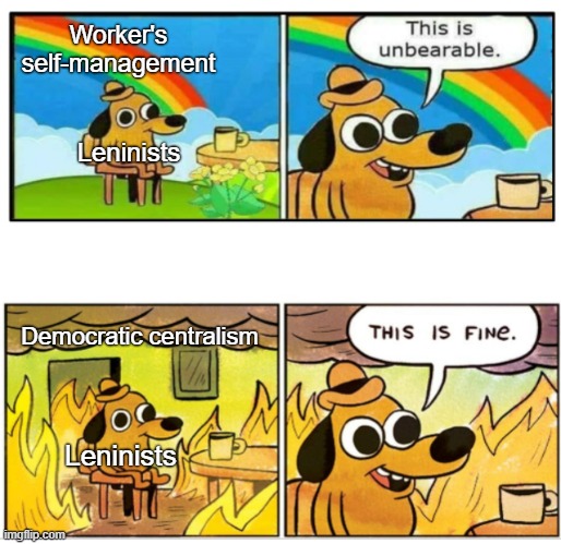 If you don't believe in the former, you obviously don't believe in socialism. | Worker's self-management; Leninists; Democratic centralism; Leninists | image tagged in unbearable,soviet union,ussr,lenin,anarchism,socialism | made w/ Imgflip meme maker