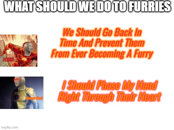 Blank White Template | WHAT SHOULD WE DO TO FURRIES; We Should Go Back In Time And Prevent Them From Ever Becoming A Furry; I Should Phase My Hand Right Through Their Heart | image tagged in blank white template | made w/ Imgflip meme maker