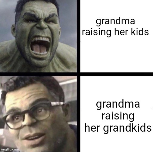 Professor Hulk |  grandma raising her kids; grandma raising her grandkids | image tagged in professor hulk | made w/ Imgflip meme maker
