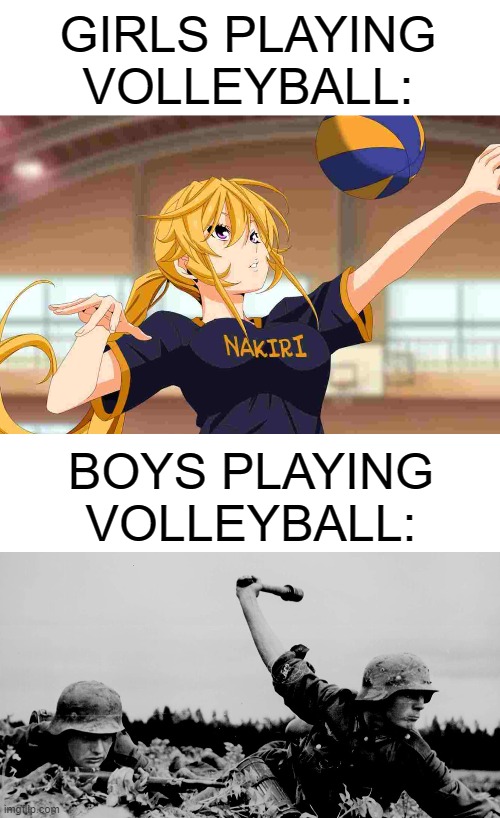 TAKE COVER!! |  GIRLS PLAYING VOLLEYBALL:; BOYS PLAYING VOLLEYBALL: | image tagged in grenade,boys vs girls,girls vs boys,ww2,anime meme,memes | made w/ Imgflip meme maker