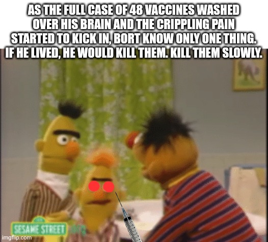 Stop torturing Bort. | AS THE FULL CASE OF 48 VACCINES WASHED OVER HIS BRAIN AND THE CRIPPLING PAIN STARTED TO KICK IN, BORT KNOW ONLY ONE THING. IF HE LIVED, HE W | image tagged in no,no i dont think i will,bert and ernie,sesame street,kill em all | made w/ Imgflip meme maker