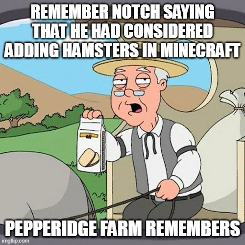 Pepperidge Farm Remembers Meme | REMEMBER NOTCH SAYING THAT HE HAD CONSIDERED ADDING HAMSTERS IN MINECRAFT; PEPPERIDGE FARM REMEMBERS | image tagged in memes,pepperidge farm remembers | made w/ Imgflip meme maker