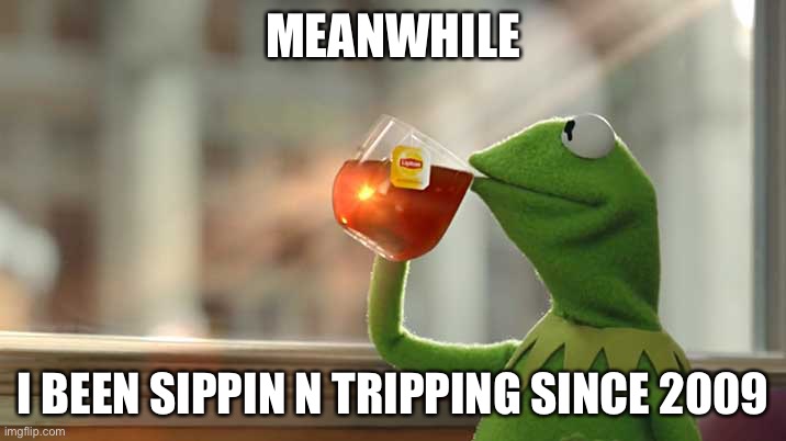 Sippin n trippin |  MEANWHILE; I BEEN SIPPIN N TRIPPING SINCE 2009 | image tagged in kermit tea,kermit sipping tea,big sip,tea | made w/ Imgflip meme maker