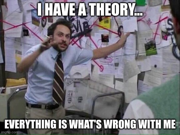 everything is what's wrong | I HAVE A THEORY... EVERYTHING IS WHAT'S WRONG WITH ME | image tagged in pepe silvia | made w/ Imgflip meme maker