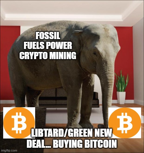 Green New Coin | FOSSIL FUELS POWER CRYPTO MINING; LIBTARD/GREEN NEW DEAL... BUYING BITCOIN | image tagged in elephant in the room,bitcoin,crypto,libtard,green new deal,fossil fuel | made w/ Imgflip meme maker