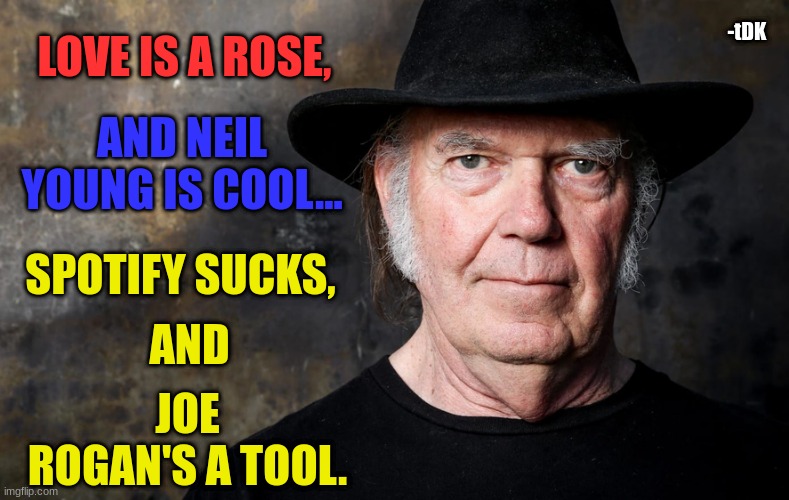 -tDK; LOVE IS A ROSE, AND NEIL YOUNG IS COOL... SPOTIFY SUCKS, AND; JOE ROGAN'S A TOOL. | image tagged in neil,neil young,love is a rose,spotify,joe rogan,respect the music | made w/ Imgflip meme maker
