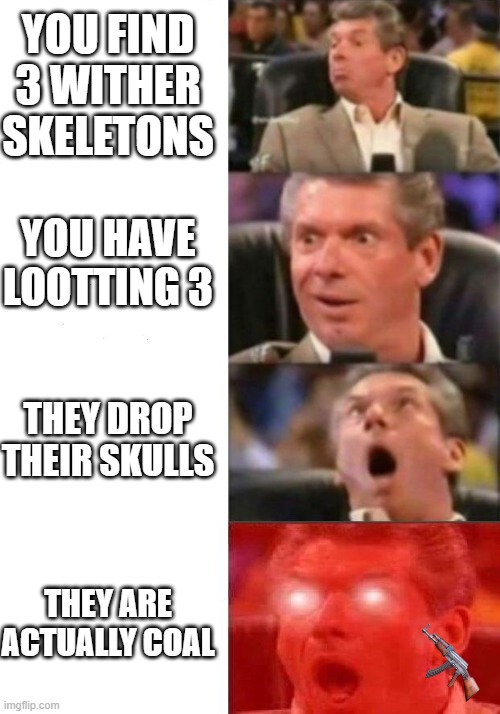 Mr. McMahon reaction | YOU FIND 3 WITHER SKELETONS; YOU HAVE LOOTTING 3; THEY DROP THEIR SKULLS; THEY ARE ACTUALLY COAL | image tagged in mr mcmahon reaction | made w/ Imgflip meme maker