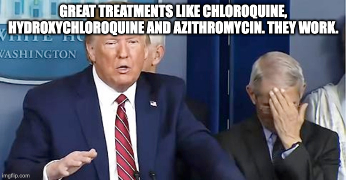 GREAT TREATMENTS LIKE CHLOROQUINE, HYDROXYCHLOROQUINE AND AZITHROMYCIN. THEY WORK. | made w/ Imgflip meme maker