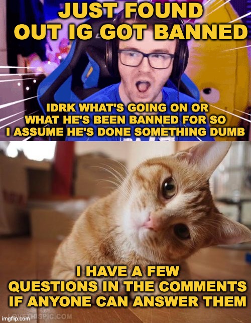 I have several questions. | JUST FOUND OUT IG GOT BANNED; IDRK WHAT'S GOING ON OR WHAT HE'S BEEN BANNED FOR SO I ASSUME HE'S DONE SOMETHING DUMB; I HAVE A FEW QUESTIONS IN THE COMMENTS IF ANYONE CAN ANSWER THEM | image tagged in curious question cat,memes,unfunny | made w/ Imgflip meme maker