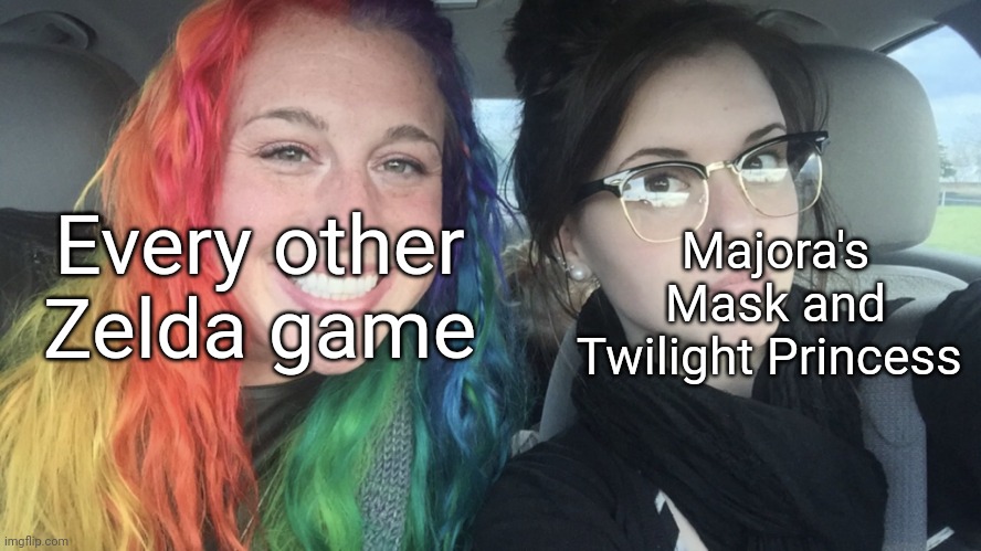 rainbow hair and goth | Majora's Mask and Twilight Princess; Every other Zelda game | image tagged in rainbow hair and goth,zelda,the legend of zelda,memes,nintendo,gaming | made w/ Imgflip meme maker