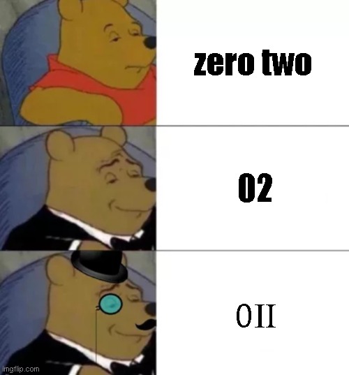 weenie the two | zero two; 02; 𝟢Ⅱ | image tagged in fancy pooh,zero two,anime meme | made w/ Imgflip meme maker