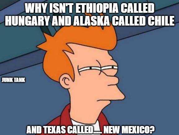 Why Fry | WHY ISN'T ETHIOPIA CALLED HUNGARY AND ALASKA CALLED CHILE; JUNK TANK; AND TEXAS CALLED..... NEW MEXICO? | image tagged in memes,futurama fry,texas,chile,hungary,why | made w/ Imgflip meme maker