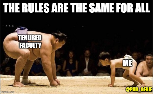 The rules are the same for all | THE RULES ARE THE SAME FOR ALL; TENURED
 FACULTY; ME; @PHD_GENIE | image tagged in unfair fight | made w/ Imgflip meme maker