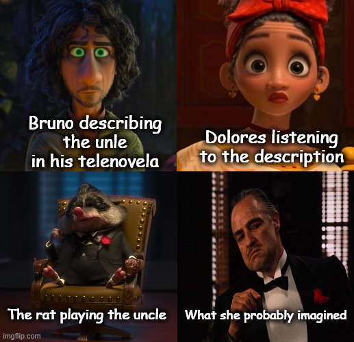 Dolores listening to the description; Bruno describing the unle in his telenovela; What she probably imagined; The rat playing the uncle | image tagged in bruno,dolores,el padrino,encanto,zootopia,mr big | made w/ Imgflip meme maker