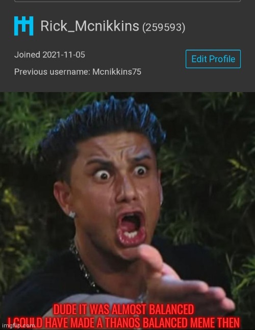 DUDE IT WAS ALMOST BALANCED
I COULD HAVE MADE A THANOS BALANCED MEME THEN | image tagged in memes,dj pauly d | made w/ Imgflip meme maker