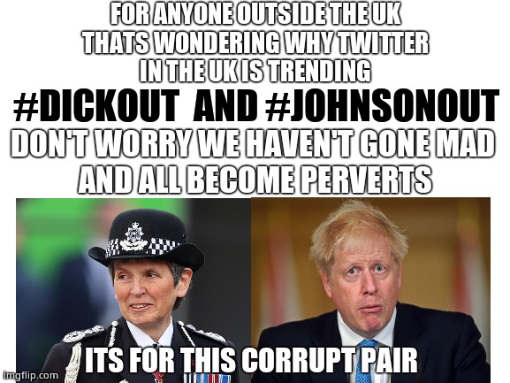 Met's Cressida Dick covering for Boris Johnson's corruption. | FOR ANYONE OUTSIDE THE UK
THATS WONDERING WHY TWITTER
IN THE UK IS TRENDING; #DICKOUT  AND #JOHNSONOUT; DON'T WORRY WE HAVEN'T GONE MAD 
AND ALL BECOME PERVERTS; ITS FOR THIS CORRUPT PAIR | image tagged in memes,uk,boris johnson,metropolitan police chief,government corruption,political meme | made w/ Imgflip meme maker