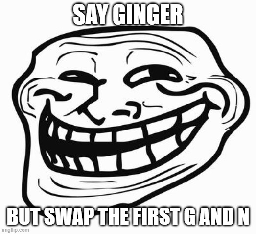 Trollface | SAY GINGER; BUT SWAP THE FIRST G AND N | image tagged in trollface | made w/ Imgflip meme maker