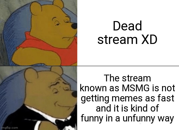 Tuxedo Winnie The Pooh | Dead stream XD; The stream known as MSMG is not getting memes as fast and it is kind of funny in a unfunny way | image tagged in memes,tuxedo winnie the pooh | made w/ Imgflip meme maker