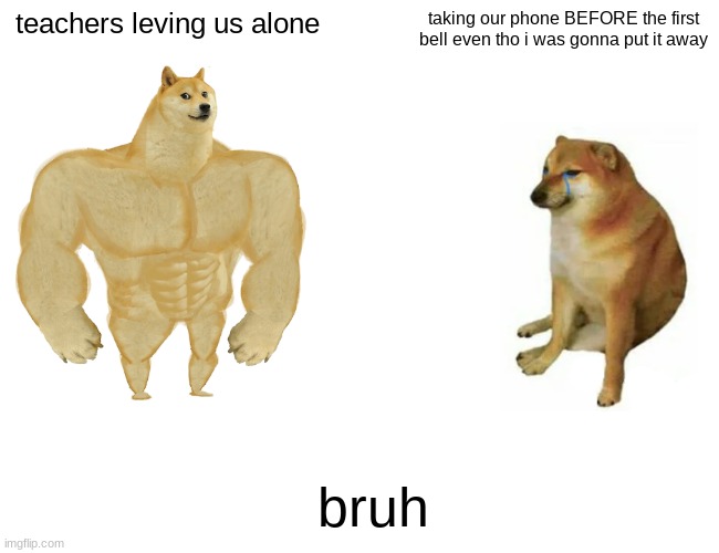 my friend made dids | teachers leving us alone; taking our phone BEFORE the first bell even tho i was gonna put it away; bruh | image tagged in memes,buff doge vs cheems | made w/ Imgflip meme maker