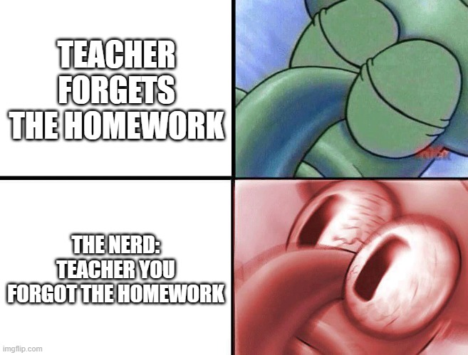 sleeping Squidward | TEACHER FORGETS THE HOMEWORK; THE NERD: TEACHER YOU FORGOT THE HOMEWORK | image tagged in sleeping squidward | made w/ Imgflip meme maker