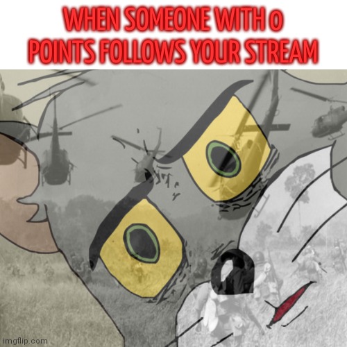 Unsettled tom vietnam | WHEN SOMEONE WITH 0 POINTS FOLLOWS YOUR STREAM | image tagged in unsettled tom vietnam | made w/ Imgflip meme maker