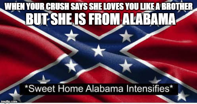 lmao | BUT SHE IS FROM ALABAMA; WHEN YOUR CRUSH SAYS SHE LOVES YOU LIKE A BROTHER | image tagged in sha intensifies | made w/ Imgflip meme maker