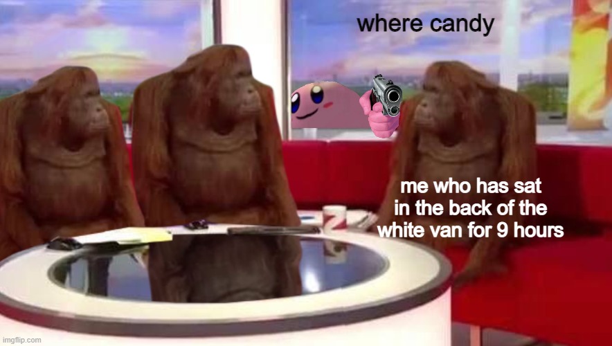 Funny | where candy; me who has sat in the back of the white van for 9 hours | image tagged in where monkey | made w/ Imgflip meme maker